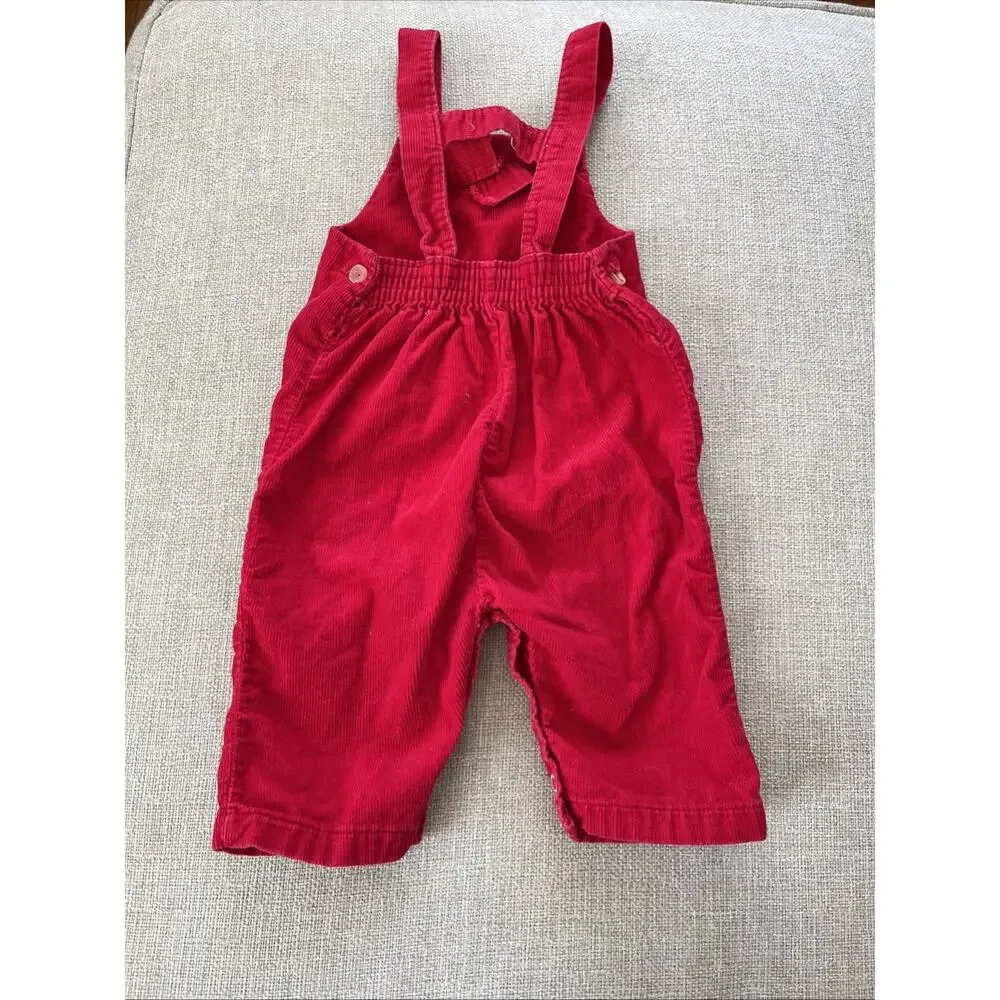 Vintage 70s Lot of 2 Red Corduroy Bib Overalls 6 mths Babygro Baby Sleeper Pjs